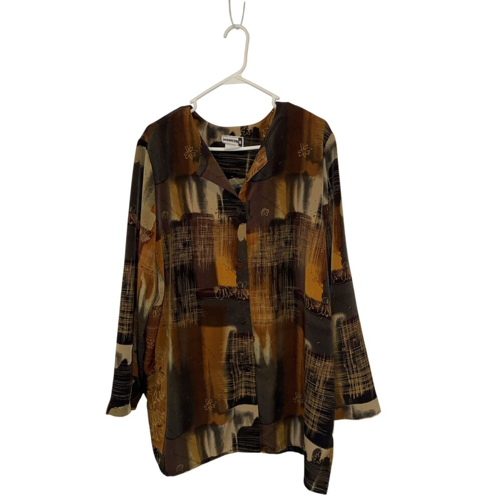 Marilyn B" brown and orange abstract print button-down shirt 2X